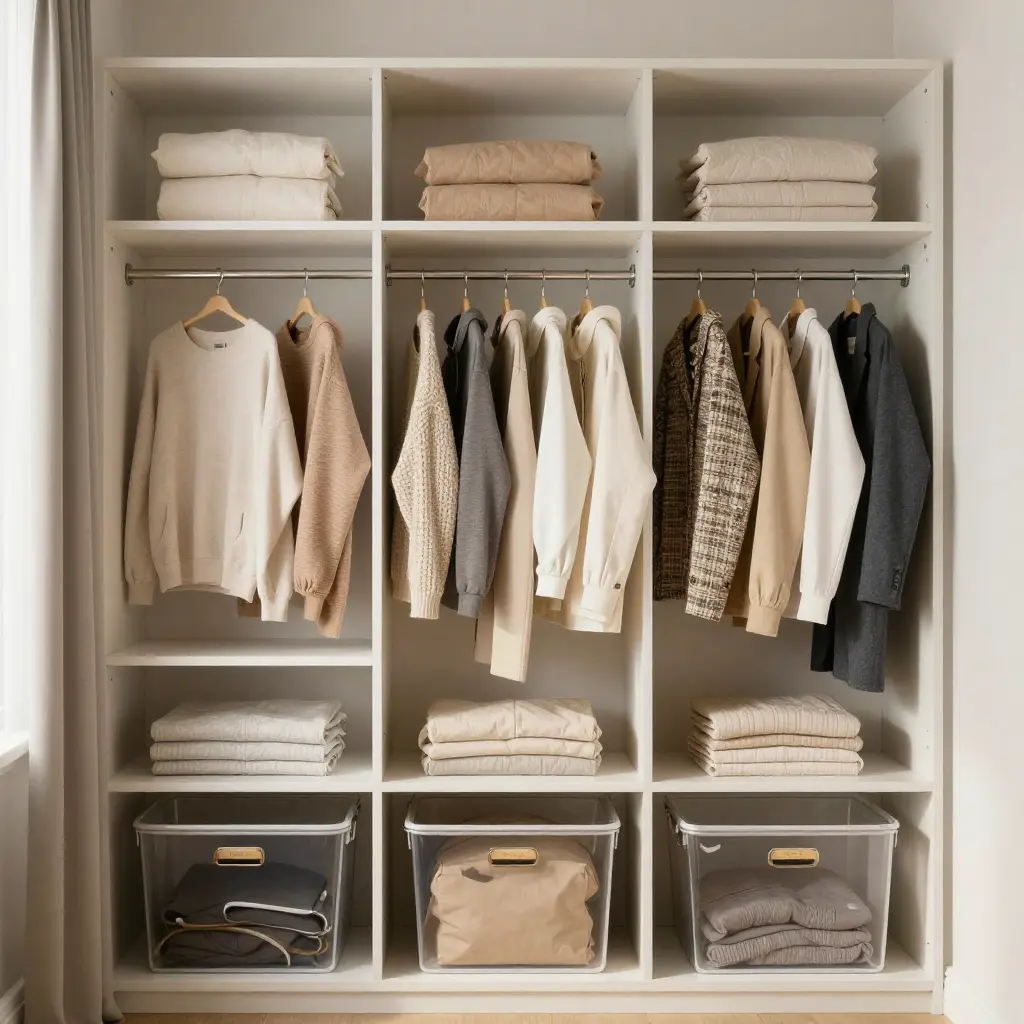 Organized closet with neatly arranged clothing